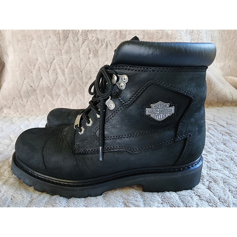 Harley Davidson Mens Black Leather Lace Up Biker Boots Size 9.5 Lug Sole Rugged